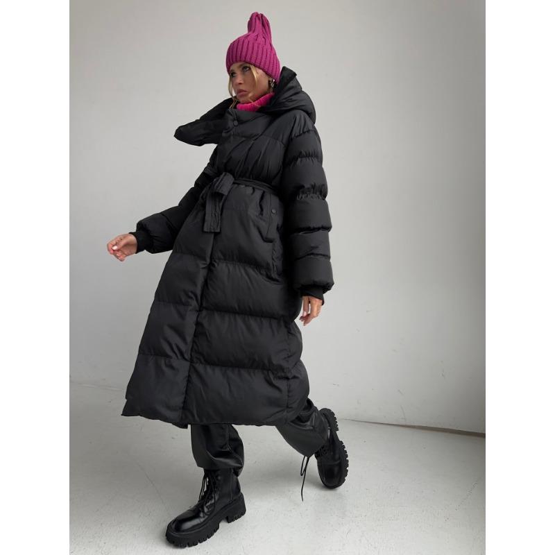 Dámský podzimní a zimní ležérní teplý zesílený dlouhý bavlněný kabát s kapucí