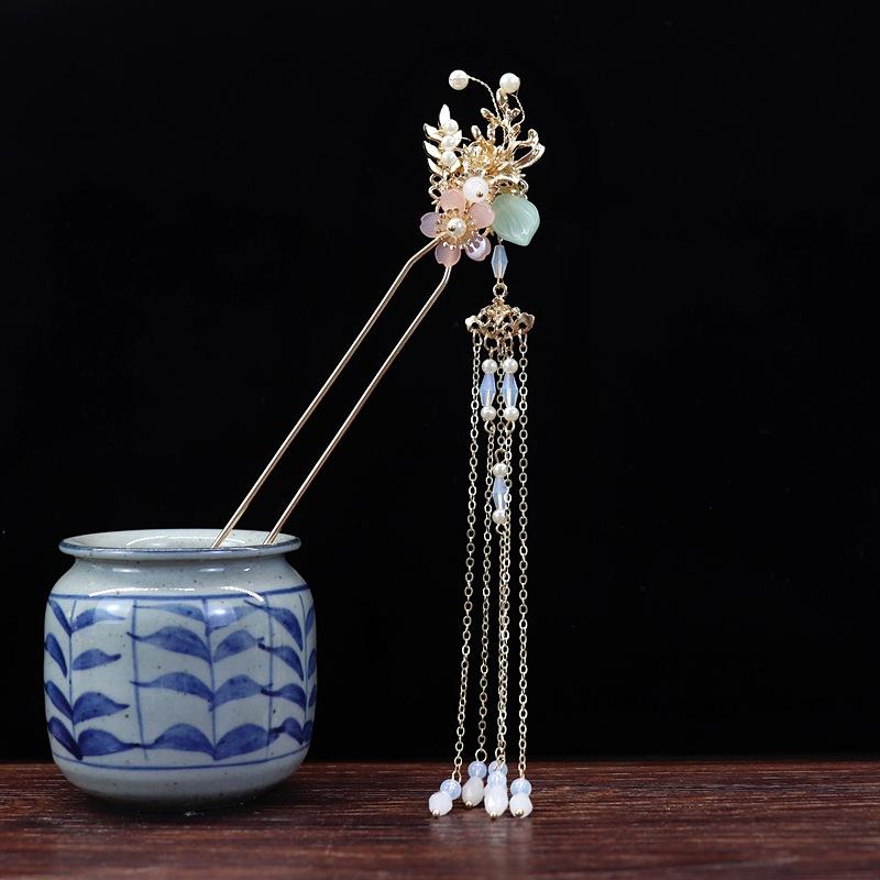 Handmade Retro Fairy Long Fringed Hairpin, Step Hairpin, Women's Ancient Costume Disc Hair Hairpin, Ancient Hanfu Headgear Accessories