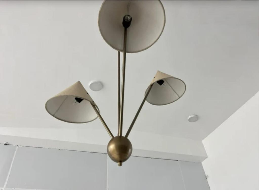 3 Light Fabric Shades Pendant Mid Century Modern Raw Brass Sputnik Chandelier Light Fixture