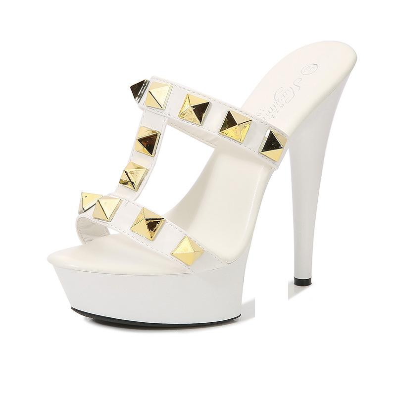 13/15CM High Heels Slippers Women Platform Sandals Rome Style Metal Rivet Chunk Heels Sexy T-band Summer Hollow Out Models Shoe