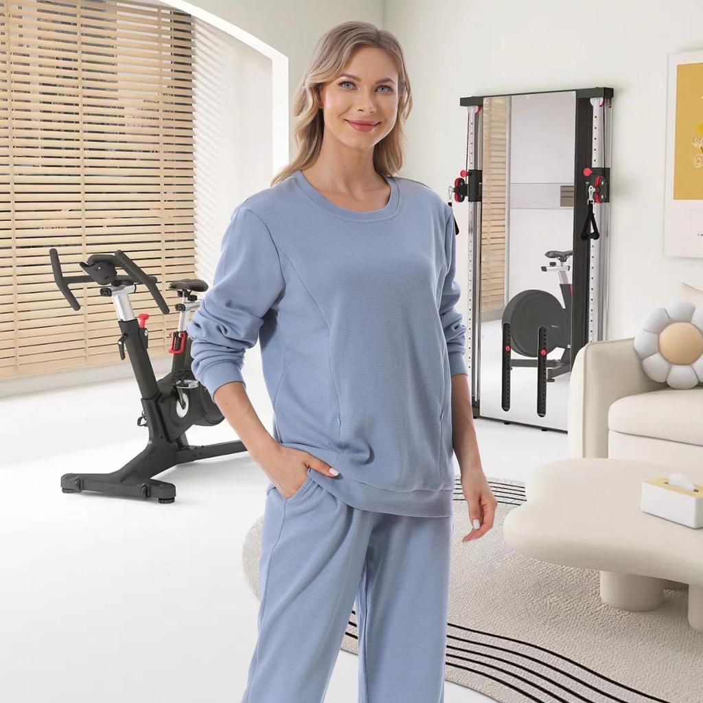 Maternity Fashion Spring/Autumn Two-Piece: Breastfeeding-Friendly Sweatshirt & Wide-Leg Pants Set for 2025