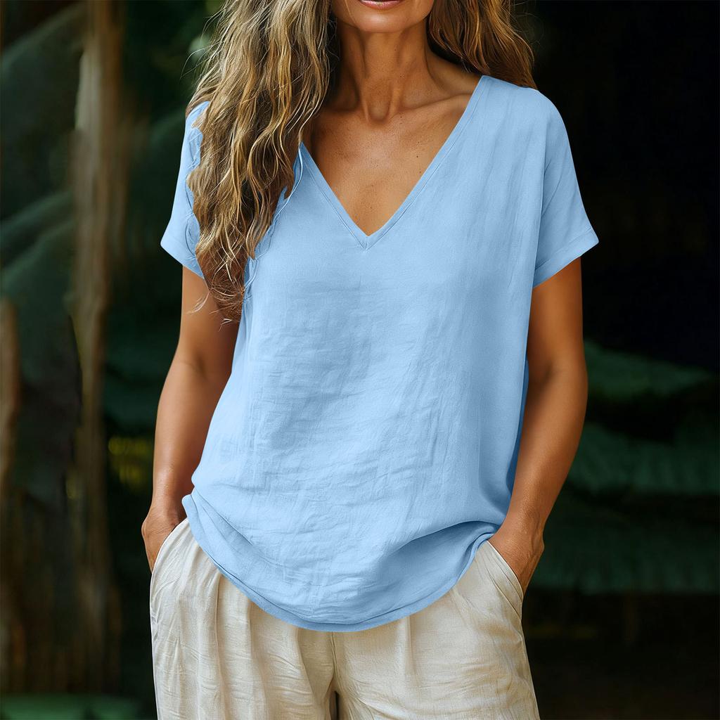 Women's Relaxed-Fit Fashion Cotton-Linen Blend Short-Sleeve V-Neck Pullover Top