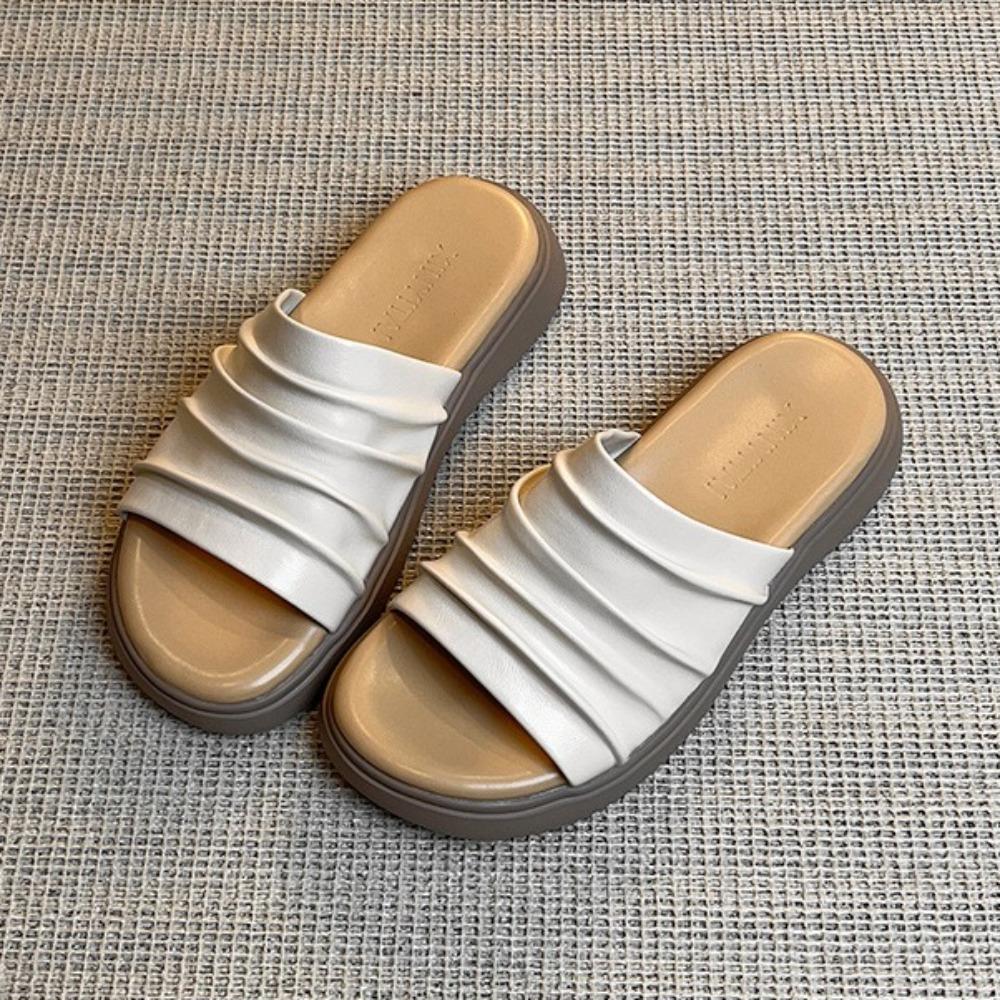 Flat Slipper Women's 2026 Summer New Solid Color Pleated Breathable Thick Sole Casual Versatile One-piece Fashion Slipper Women