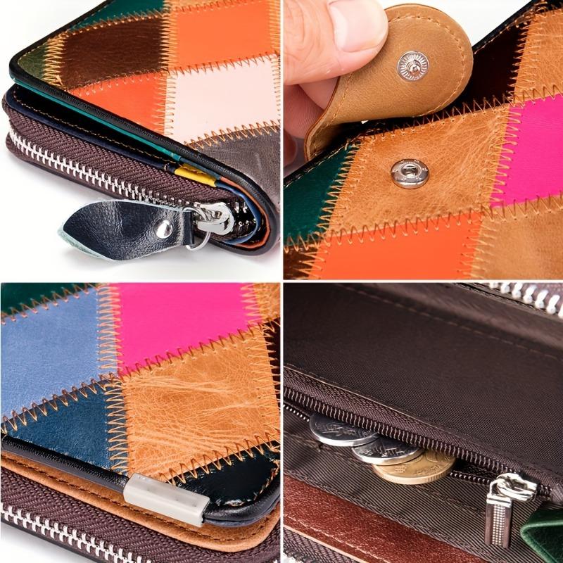 Genuine Leather Bifold Wallet, Vintage Colorblock Coin Purse, Retro Patch Work Credit Card Holder