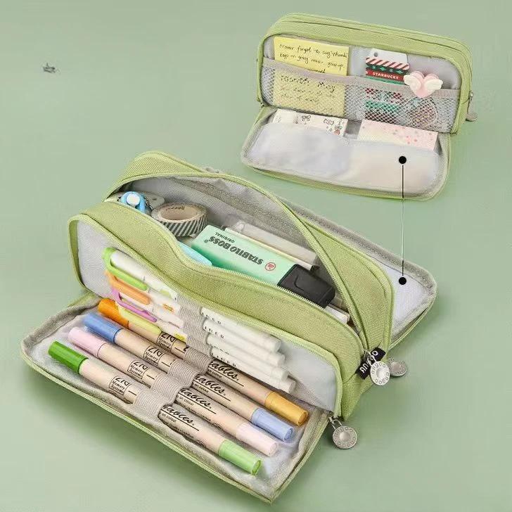 Kawaii Pencil Case Large Space Storage 3 Compartment Pouch Double Side Opened Student Stationery Desk Organizer School Supplies