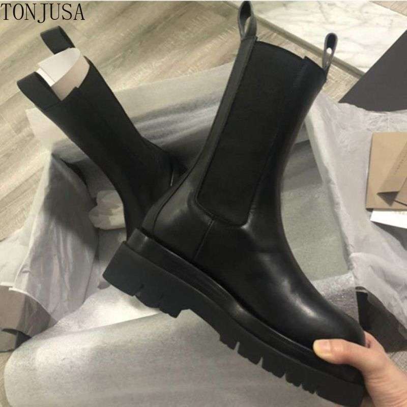Martin Boots Women Autumn Winter Fleece British Medium Tube Platform Chelsea Boots Large Size Comfortable Warm