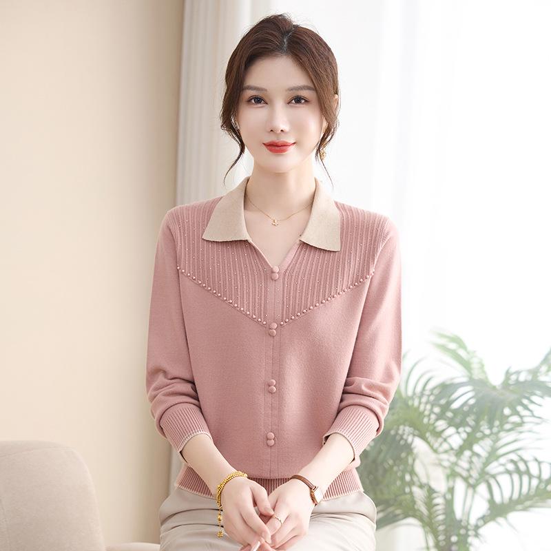 

Elegant Knit Sweater for Mature Women - New Autumn/Winter Style with Lapel, Perfect for Everyday Wear. XXXXL (160-170 lbs)