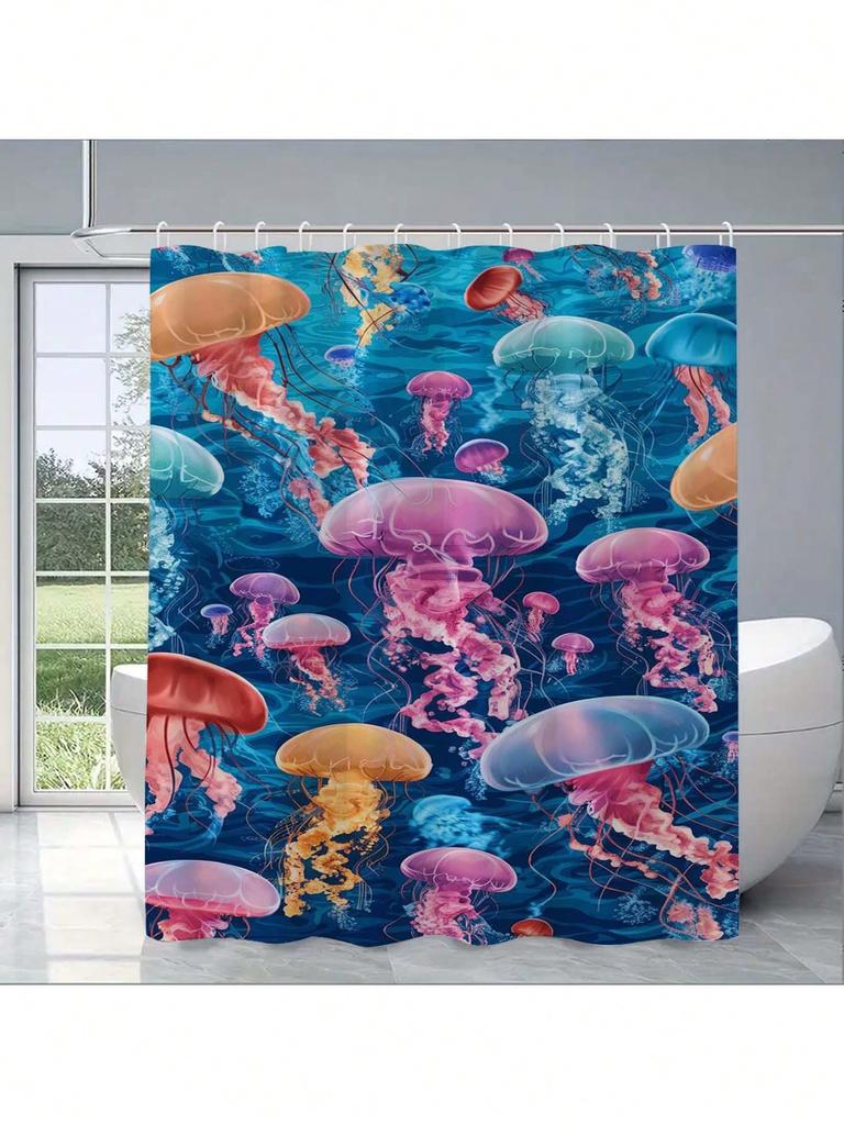 Vibrant Jellyfish Shower Curtain: Embrace The Oceanic Design, Soft Fabric, And Colorful Vibes For Your Inspiring Bathroom