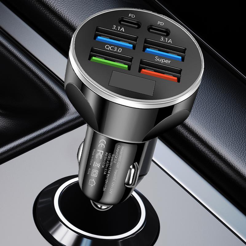 Car Charger Port Digital Display Car Charger with 6 Charging Ports Colorful Lights Charging Supplies Multifunctional Snap Lock