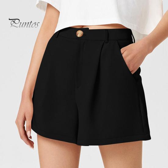 Women Summer Shorts A-line Solid Color High Elastic Waist Button Zipper Closure OL Commute Formal Business Style Short Pants with Pockets