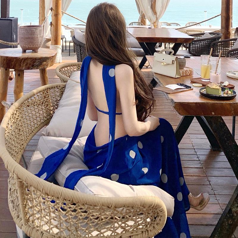 Swinging Collar Polka Dot Print Long Dress Sexy Big Halter Neck Dress Island Vacation Fairy Dress