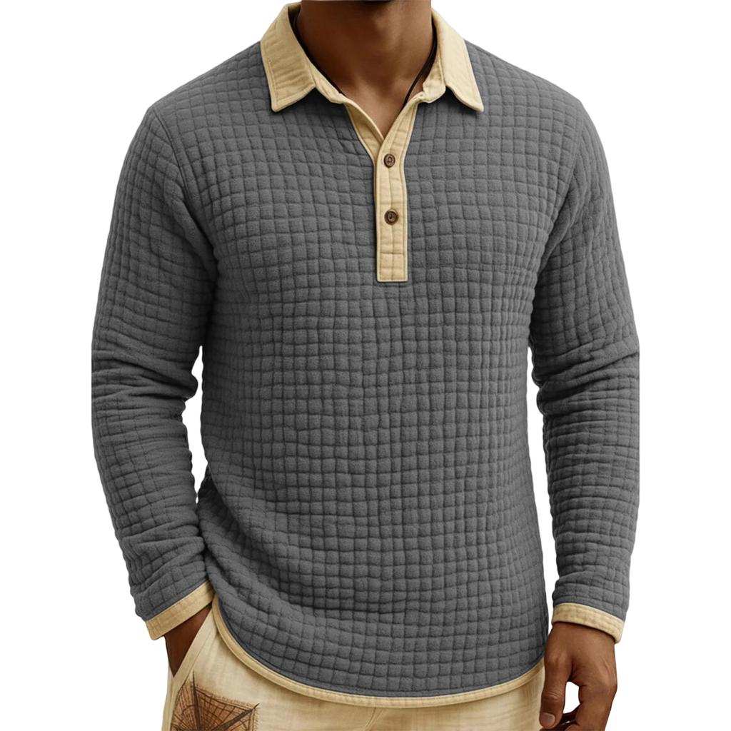 Men's Quilted Knit Color,blocked Pullover Button,down Top