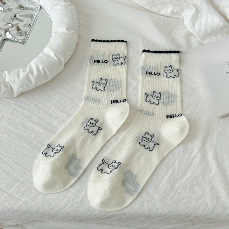 

Женские летние тонкие носки-трубы с бантиком, щенком, мультяшным принтом, в горошек, полоску, сетчатые, дышащие, маленькие, свежие 1 pair