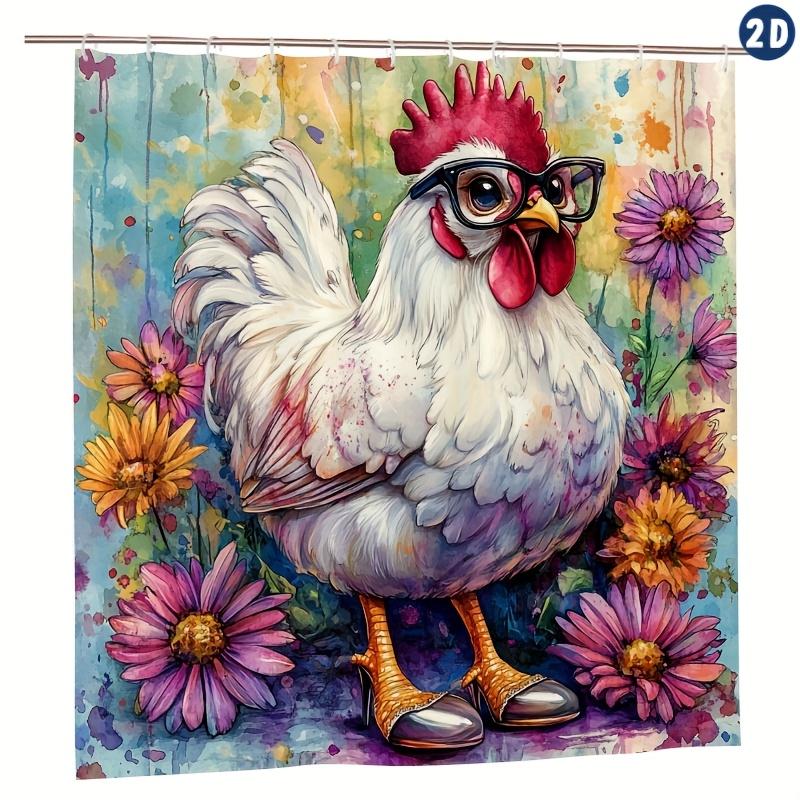 Whimsical Chicken Wearing Glasses & Floral Design Shower Curtain, Durable Polyester, Ideal for Vintage Bathroom Decor