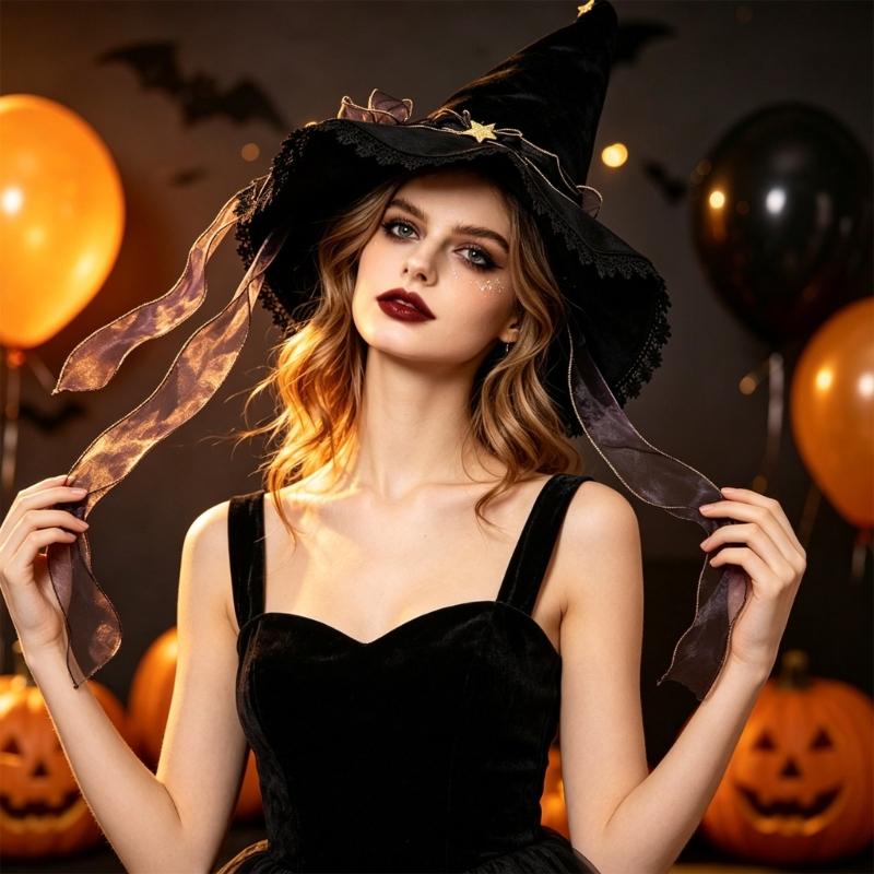 Black Soft Finish Witch Hat for Adults with Star Accent Ribbon Trim and Flared Edge Costume Look for Halloween Parties and Photo Fun
