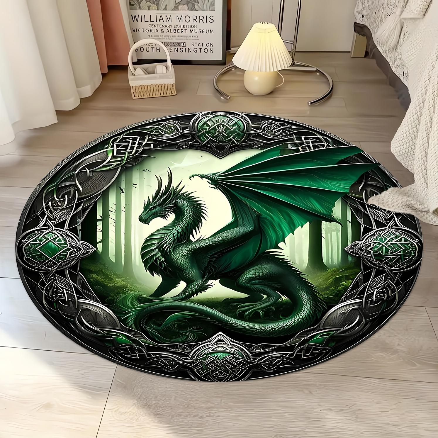 

Vintage Winged Green Dragon Round Rug, Washable Indoor Outdoor Mat for Living Room, Bedroom, Patio Garden Decor, Retro Design Diameter 60cm