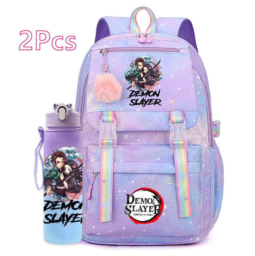 2Pcs/set Cartoon Demon Slayer Printed Backpack with 750Ml Water Bottler for Teenager Girl Boy Large Capacity Waterproof Bookbag Travel Bag Gift