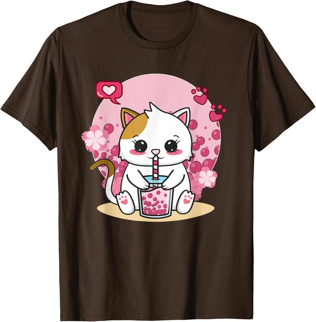 Kawaii Cat Boba Tea Drink Lover Graphic Tee Cute Anime Neko Kitten T-Shirt Unisex Casual Trip