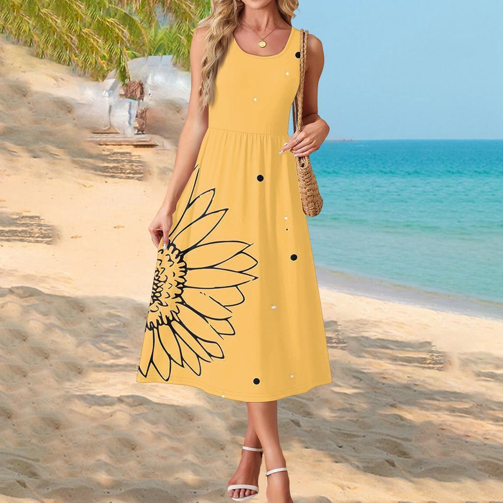 Modisches Damen-Sommerkleid, elegante Freizeitkleidung, Strandurlaub-Sonnenrock mit Taschen