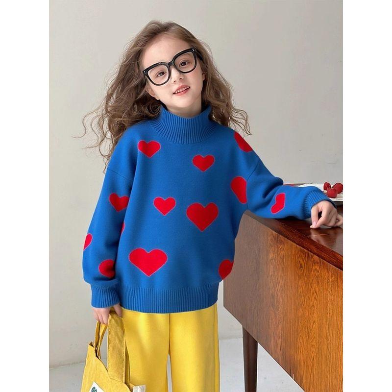 Brand Surplus 2026 Spring Children's Clothing Girls' Pure Cotton Knit Sweater with High Collar and Heart Design for Toddlers and Young Children
