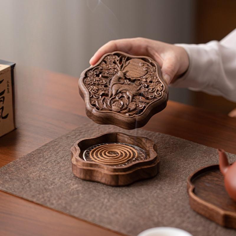Incense Box/wooden New Chinese Carved Three-dimensional Hollow Pattern Indoor Desktop Placement Decoration Religious Supplies
