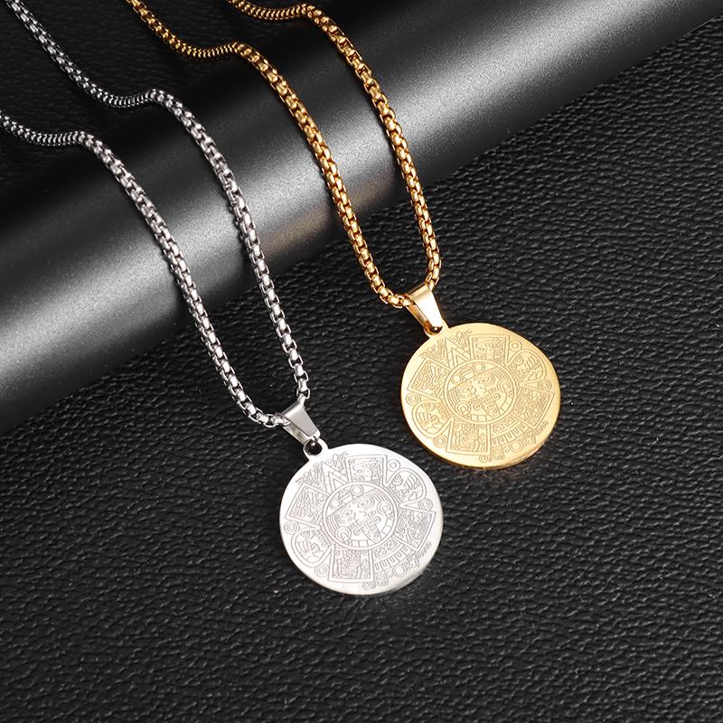 Retro aztécký mayský kalendář přívěsek božský zvířecí náhrdelník pánský nerezová ocel amulet kulatá mince šperk
