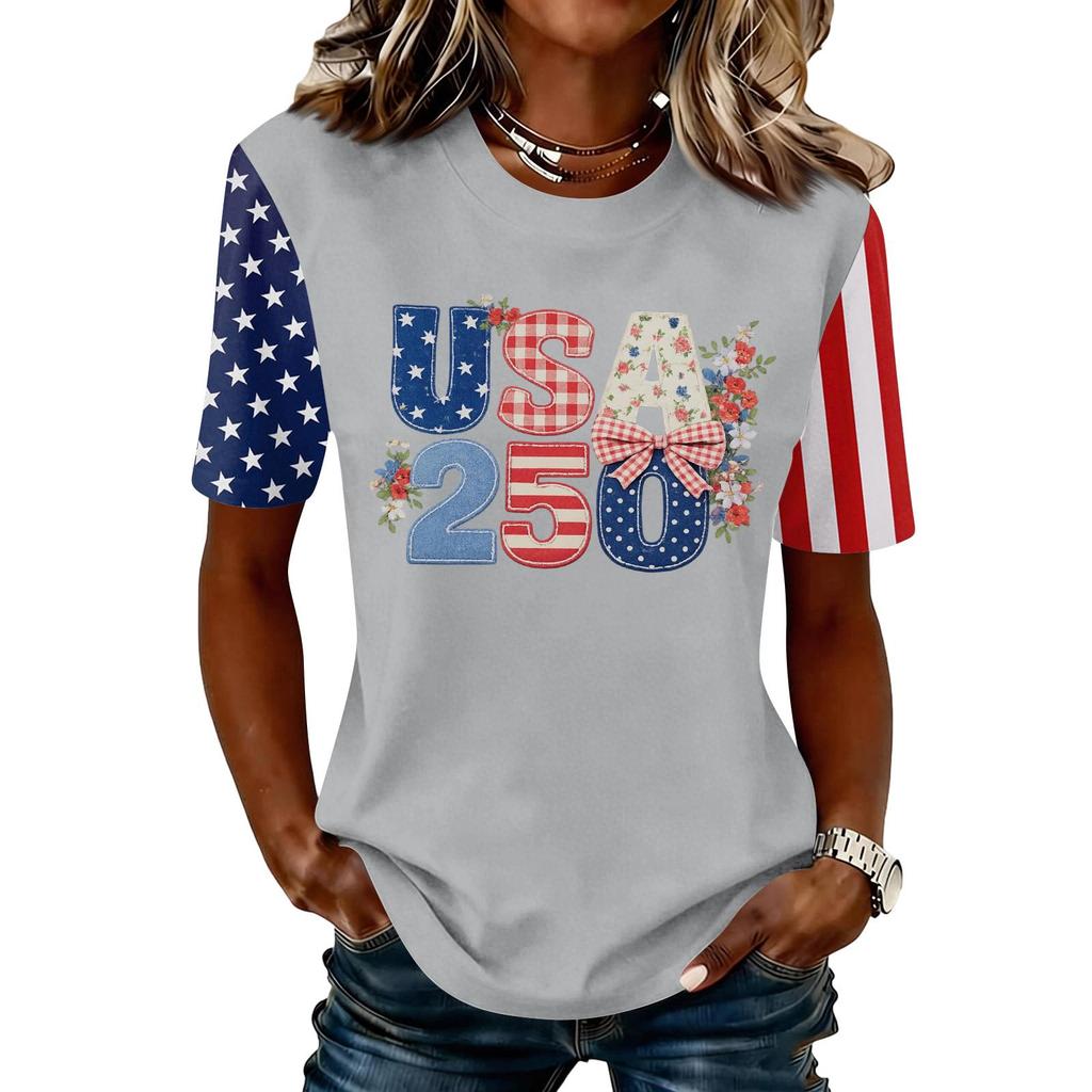 Blusa Feminina da Moda Casual de Manga Curta com Estampa e Gola Redonda