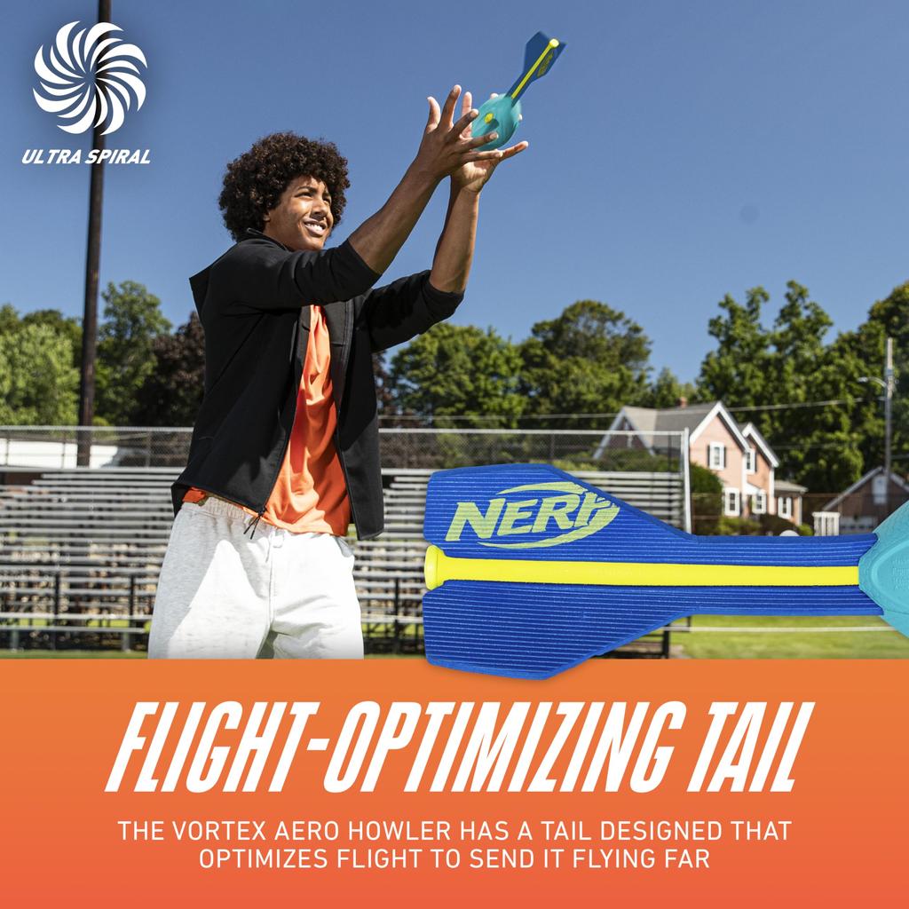 Nerf Vortex Aero Hauler Neon Foam Classic Long Distance Whistling Indoor Outdoor Fun Ball, Football, Flight-Optimizing Tail, Sound, & [Amazon