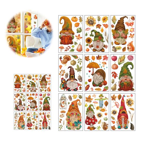 Autumn Theme Window Murals 9Pcs Fall Gnome Static Clings, Thanksgiving Maple Leaf Turkey Pumpkin Removable PVC Glass Clings Stickers, Reusable