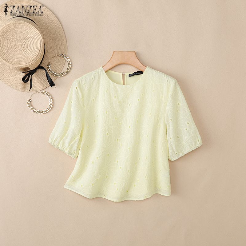 ZANZEA Women Casual Round Neck Lace Crochet Patchwork Summer Short Sleeve Blouse