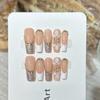 Handmade Press On Nail French Gold Sequins 3D Carved Flowers Champagne Diamond Light Luxury Long Square Fake Nail Patch Artificial Nail Reusable
