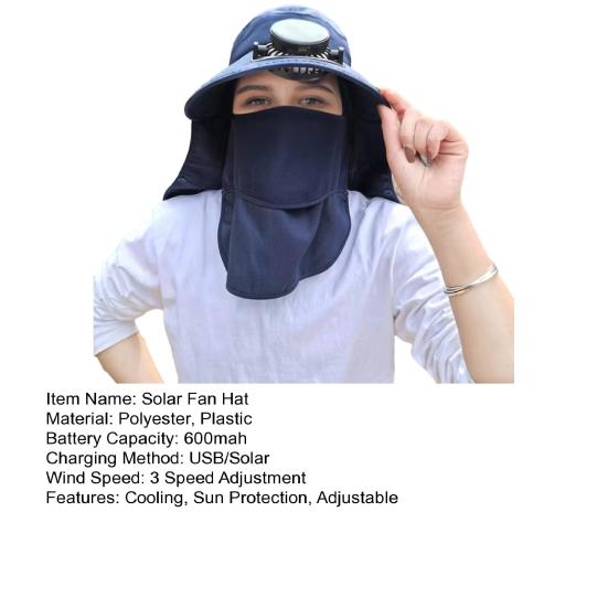 Pălărie de Soare cu Bor Lat și Ventilator Solar pentru Bărbați Femei Pălărie Bucket de Pescuit pentru Exterior cu Apărătoare de Gât și Protecție Facială pentru Drumeții Camping