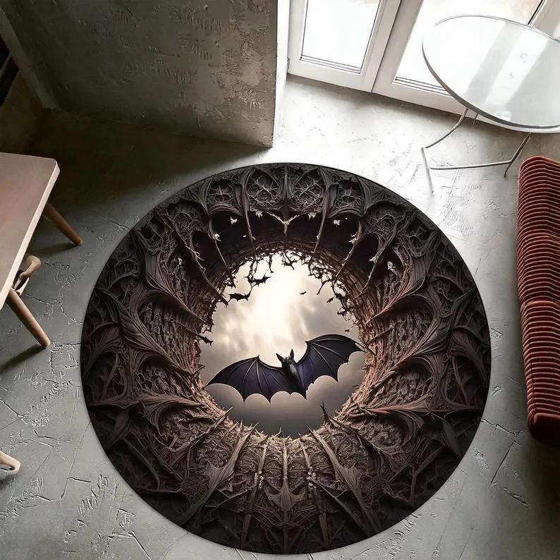 

Halloween 3D Skeleton Man in Stone Hole Horror Night Round Carpet Horror Castle Pumpkin Bat Pattern Anti Slip Mat Gift Diameter 60cm