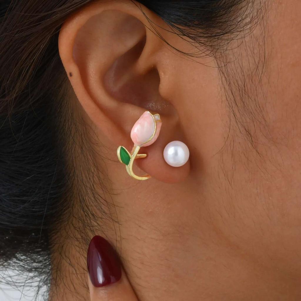 Prjewel Hellrosa Tulpenperlen Ohrstecker Exquisiter Vergoldeter Ohrring für Damen Romantischer Statement-Schmuck Mädchengeschenk