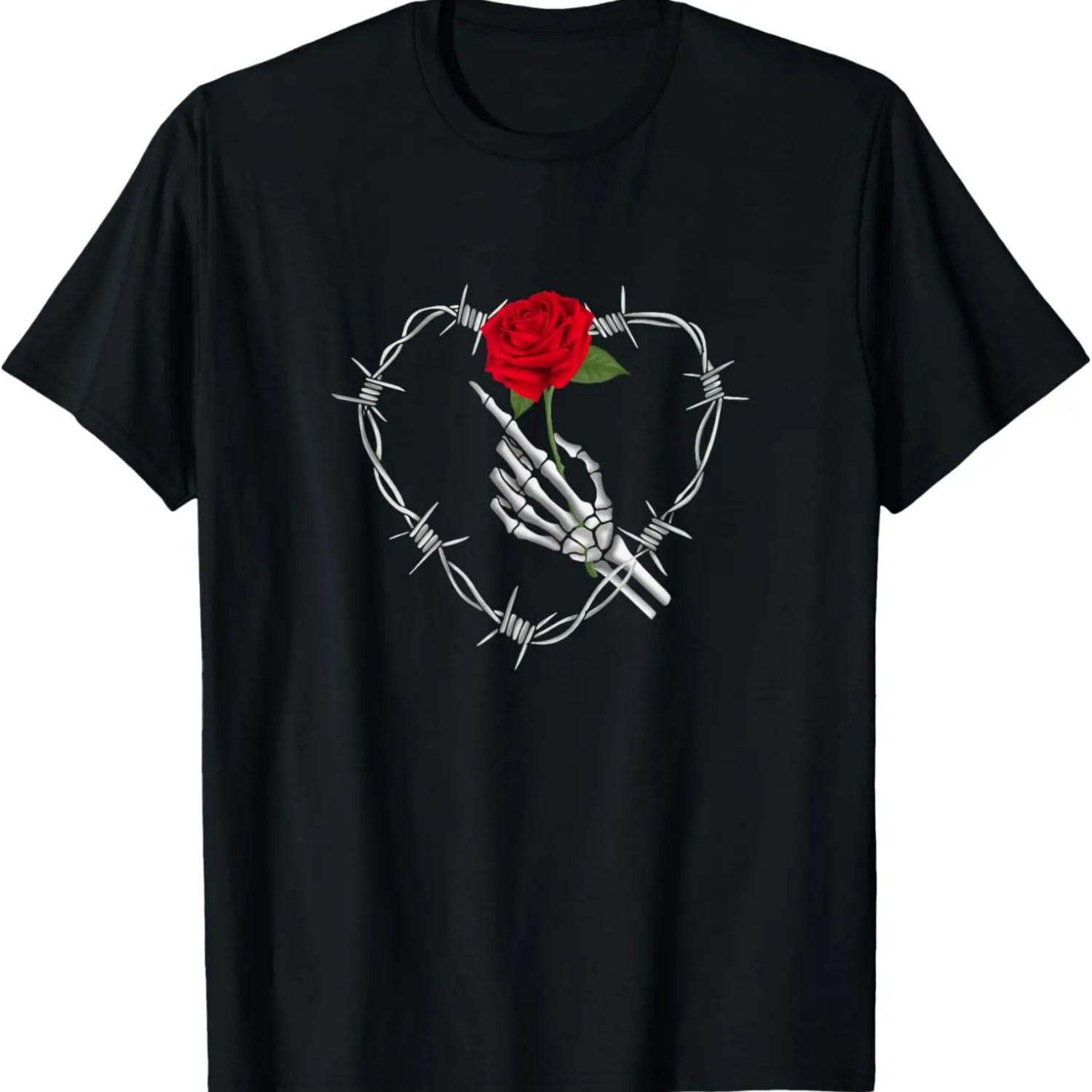 Skeleton Holding a Red Rose in Love T-Shirt S чёрный