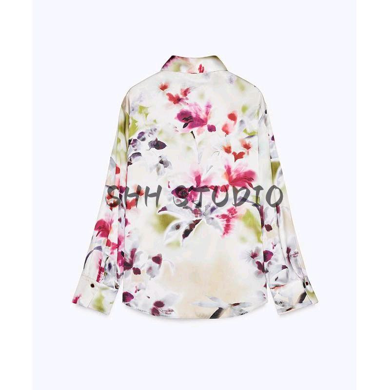Spring New Women's Clothing Fashion Casual Retro Florals Print Silk Satin Texture Loose Shirt 2483194