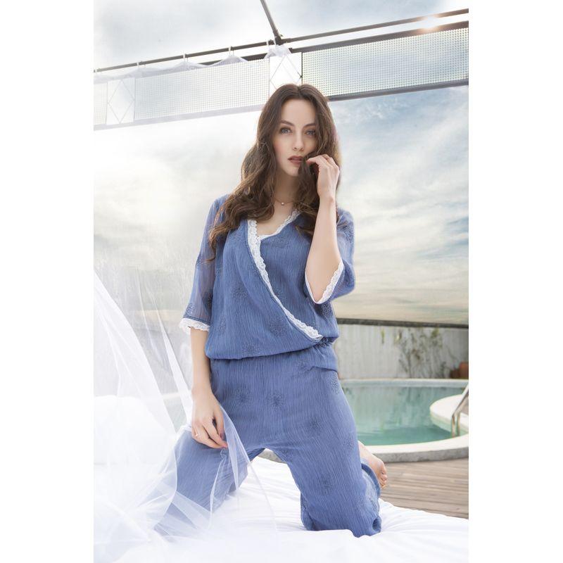 

Spring and Summer New Arrival Embroidered Lace Lace Chiffon Women s Pajamas Pajama Pants Two-piece Set Can Be Outerwear Homewear Suit Blue M