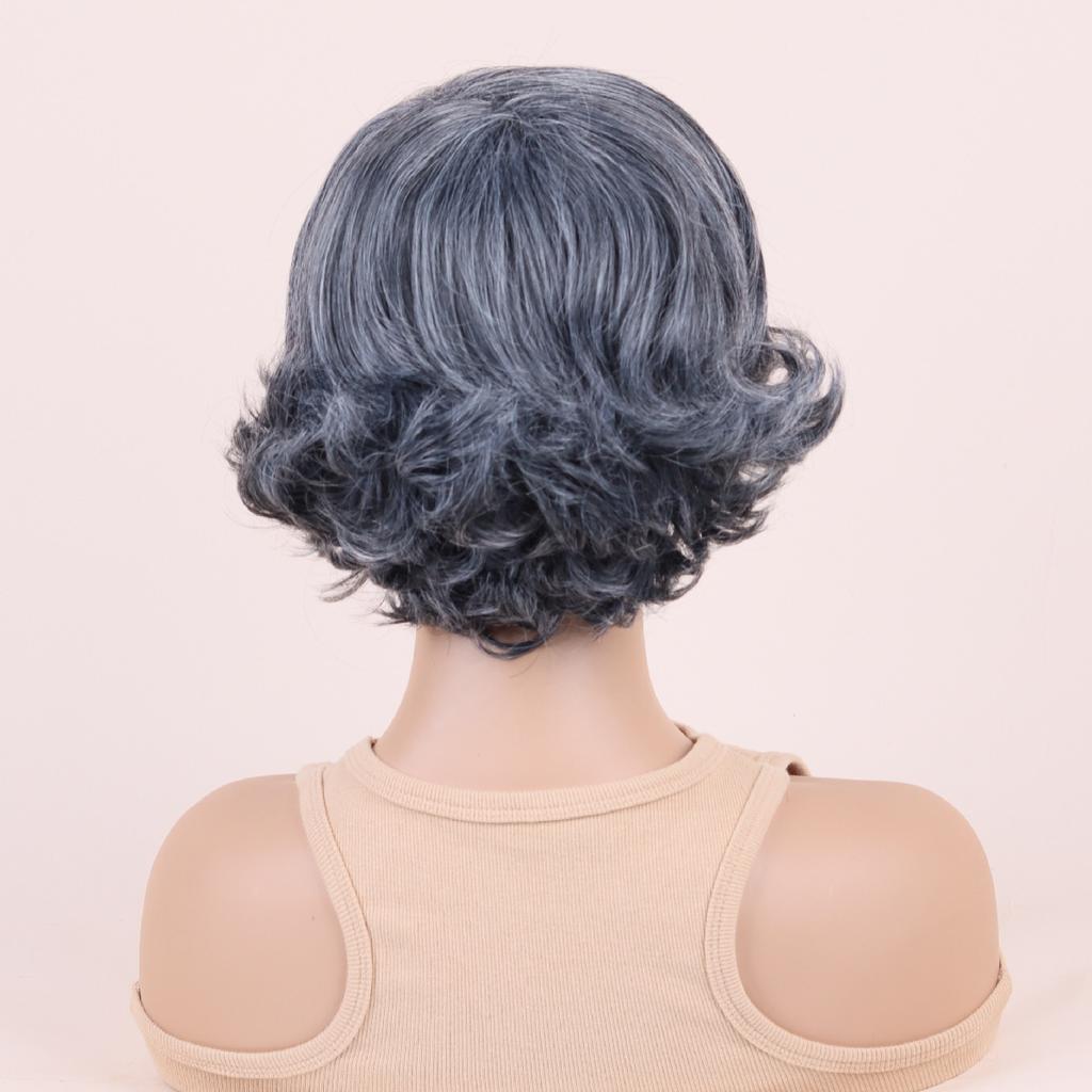Damenmode Synthetische Flauschige Perücken mit Seitenscheitel Damen Kurze Lockige Schwarz Graue Haare Hochtemperaturfaser Perücken
