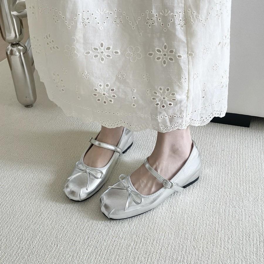 Bow Silver Mary Jane Single Shoes Women's 2025 Summer New French Flat Bottom Round Head Light Mouth One-word Ballet Shoes