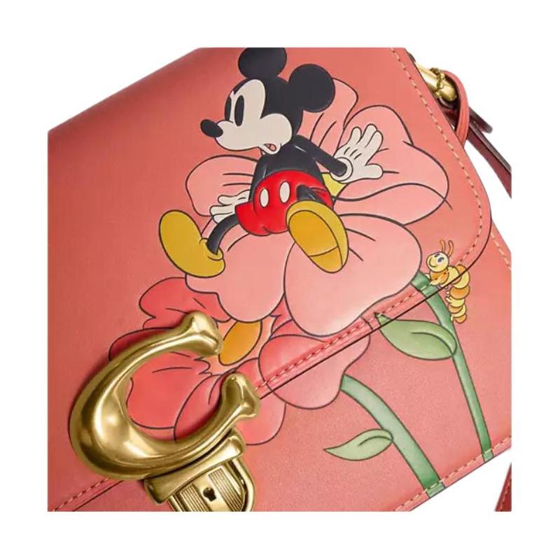 Coach Disney Collaboration Studio 25 Mickey Mouse Flower Pattern Push Lock Leather Shoulder Closure Crossbody Bag Medium Women's Coral Red