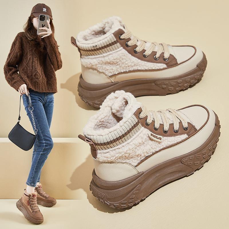 Women Winter Warm Faux Fur Lined Chunky Platform Lace Up Anti Slip PU Leather Ankle Snow Booties