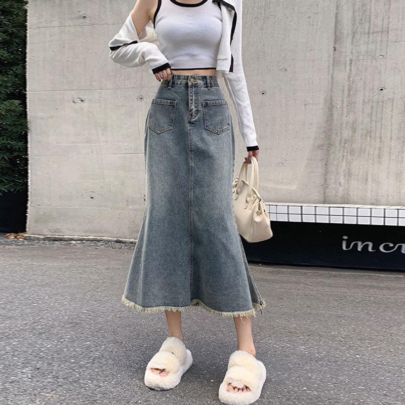 

Элегантный дизайн необработанный край дизайн Sense женская высокая талия грушевидной формы ретро покрывающая мясо облегающий пакет бедра рыбий хвост А-силуэт модная джинсовая юбка-бюстье XXL джинсовый