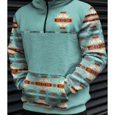 Men's Casual Geometric Ethnic Print Collage Polar Fleece Hoodie Ready Stock Sweatshirt