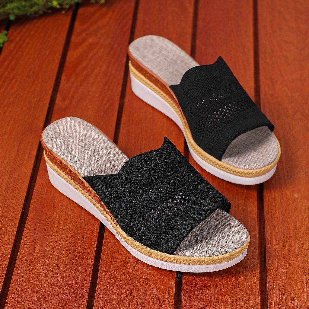 Modne Czarne Dzianinowe Oddychające Damskie Klapki na Koturnie Lato Nowe Grube Platformy Sandały Outdoorowe Casualowe Antypoślizgowe Klapki Mujer