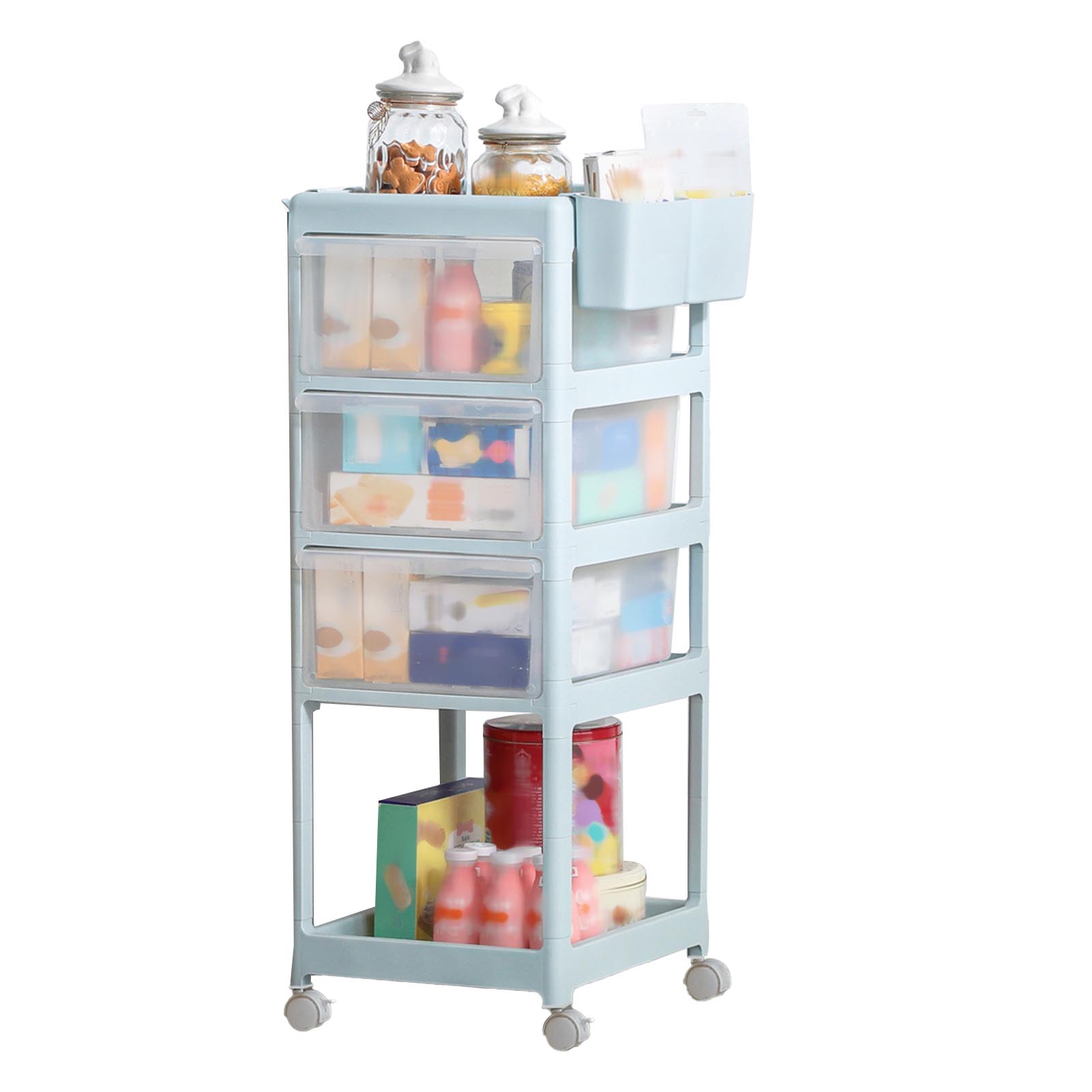 

Передвижная тележка для хранения на колесах с 3 матовыми прозрачными ящиками, прочная передвижная тележка с 1 верхним уровнем 2 зелёный