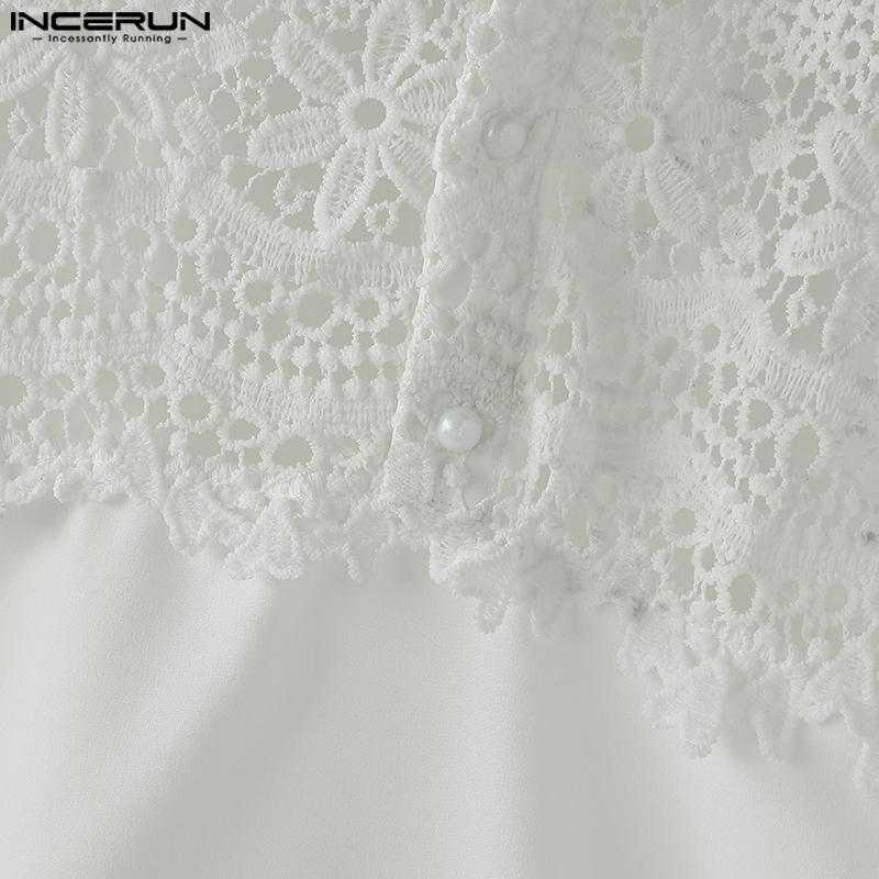 INCERUN Men Summer Stand Neck Short Sleeve Lace Patchwork Casual Party T-shirt Tops