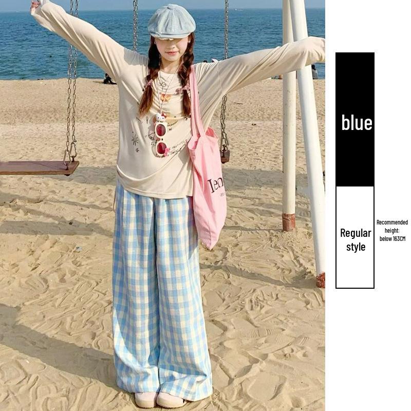 Women's Blue Plaid High-Waisted Loose-Fit Yamamoto Pants - Petite, Casual Wide-Leg, Spring/Autumn 2025 Collection.