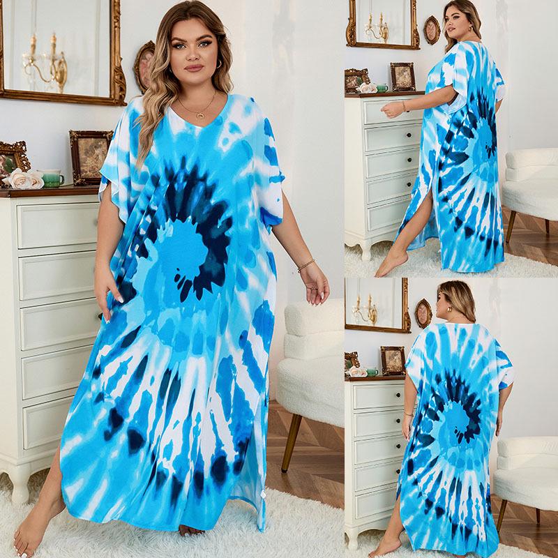 European-American Rayon Print Plus Size Beach Cover-Up Dress & Long Robe