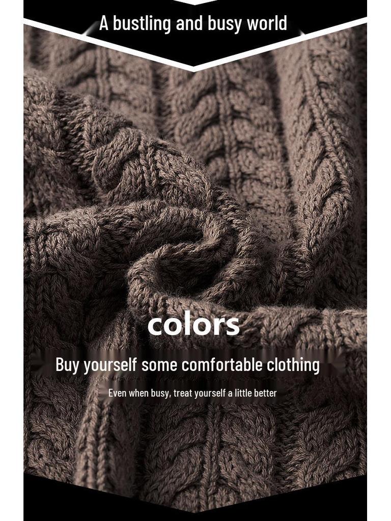 Men's Luxury All-Cotton Knitted Pullover - Thick, Solid Color, Velvet-Lined Cable Knit for Autumn and Winter