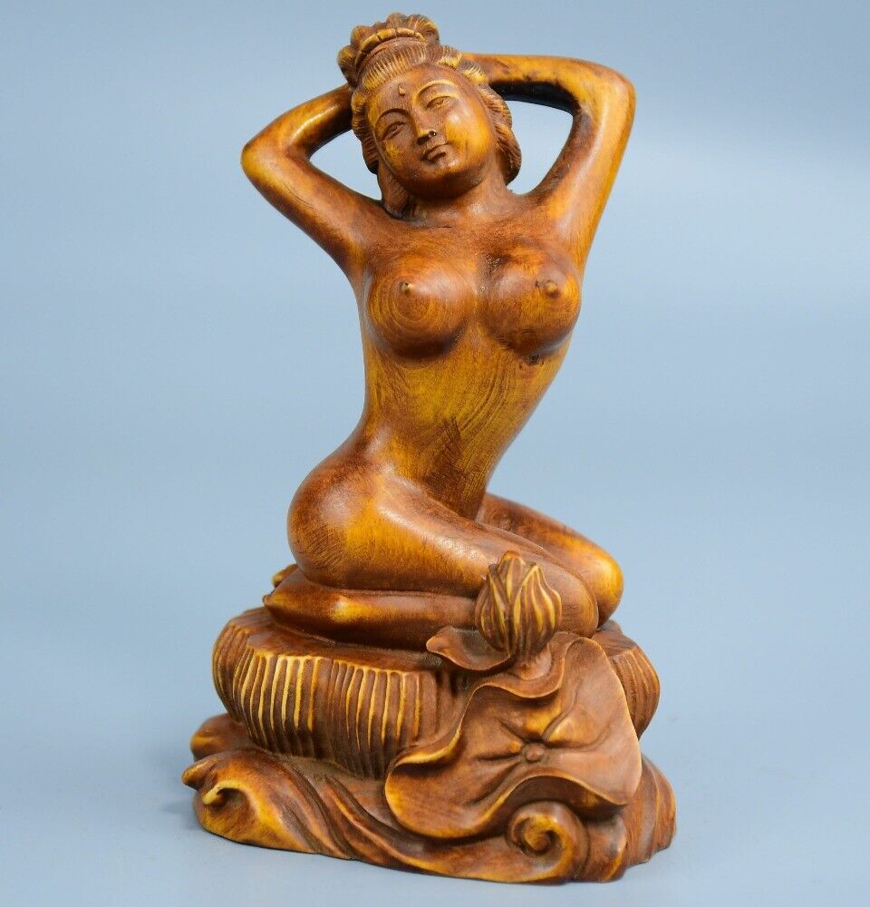 Chinese Antique Boxwood Carved Beautiful Woman Statue Sexy Sculpture Home Decor